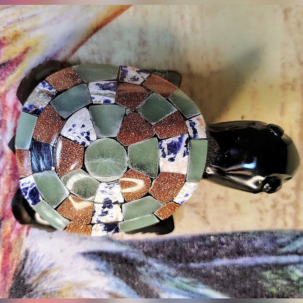 Vintage Obsidian Mosaic Multi-Stone Turtle Figure - Picture 3 of 10